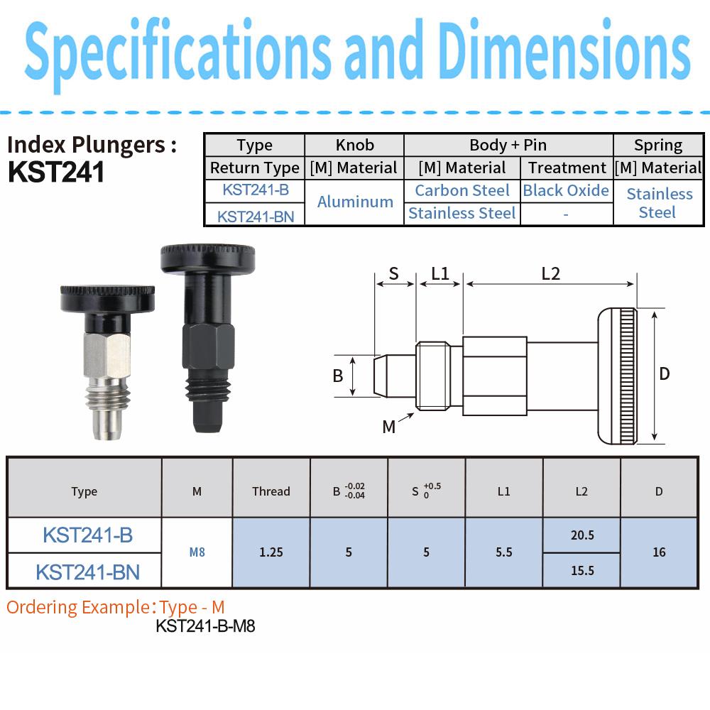 Mini M8 Knob Plungers Non Lock-Out Spring Lock Pin Aluminum Knob Locating Pin Stainless/Carbon Steel Indexing Plungers
