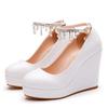 11 Cm White Round-toe Water Platform Slope Heel Single Shoes for Women Pearl Beaded Tassel Heels Large Size High Heel Single Shoes for Women