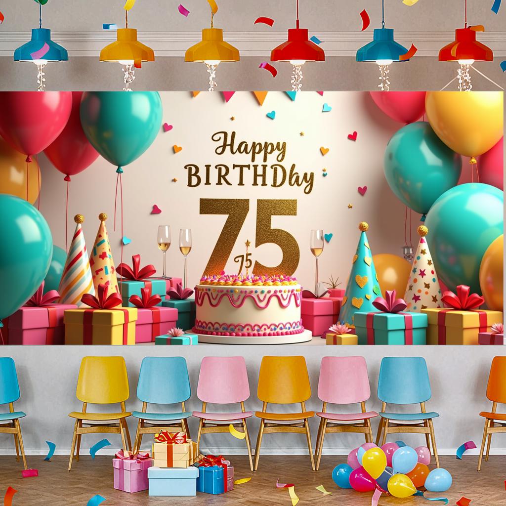 Happy Birthday 75th Banner Red Balloon Birthday Party Decoration Photography Background Props Birthday Cake Backdrop Supplies