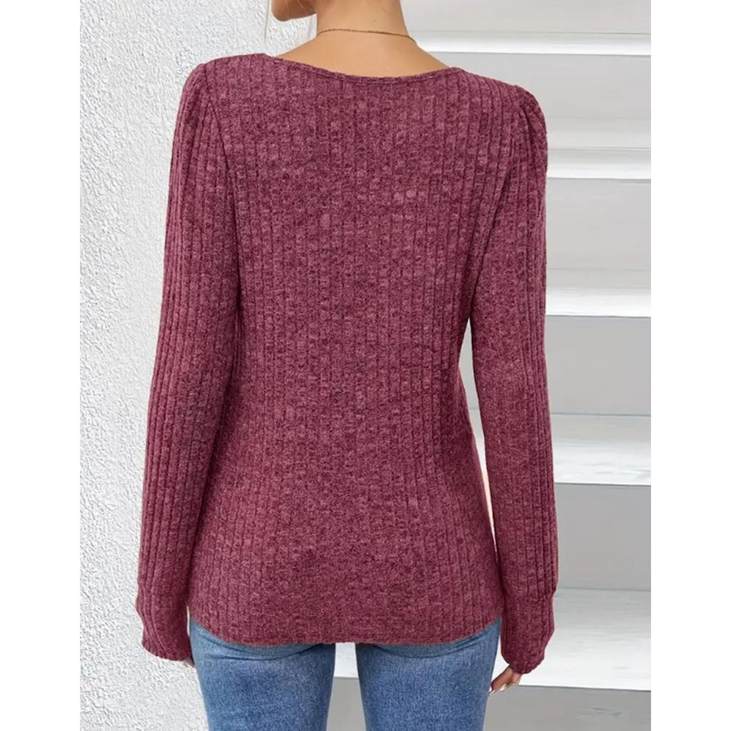 GMXIA Autumn Winter Solid Color O-Neck Button Long Sleeve Loose T-shirt Top Woman