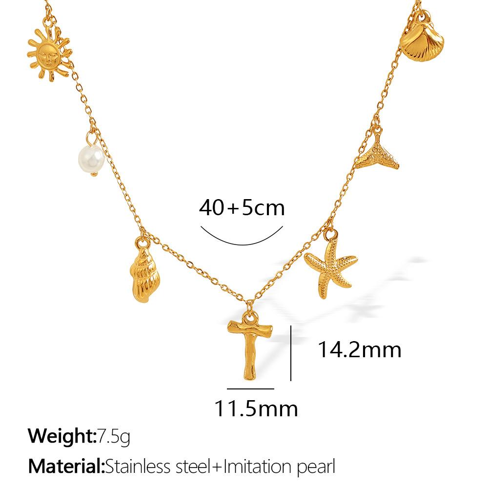 New Arrival Gold Boho Ocean Conch Starfish Shell Charm Necklace Stainless Steel A-Z Alphabet Initial Letter Beach Necklace Women
