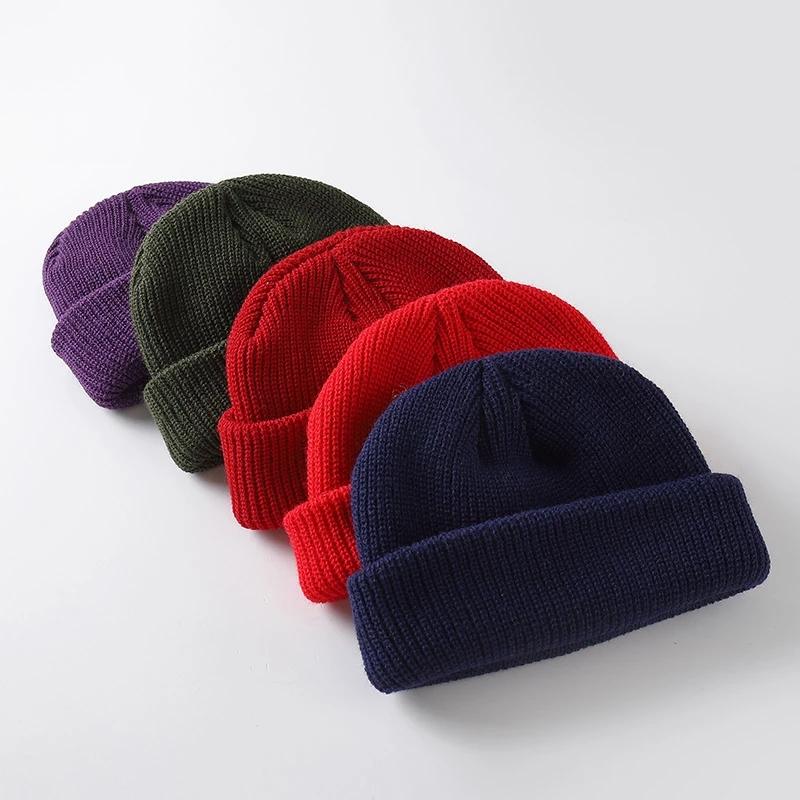 Мужская шапка, зимняя вязаная шапка для мальчика, тюбетейка, матросская кепка с манжетами, ретро, ​​темно-синие короткие шапки, сплошной цвет, унисекс, осенние теплые шапки, шляпа арендодателя, шляпа дыни