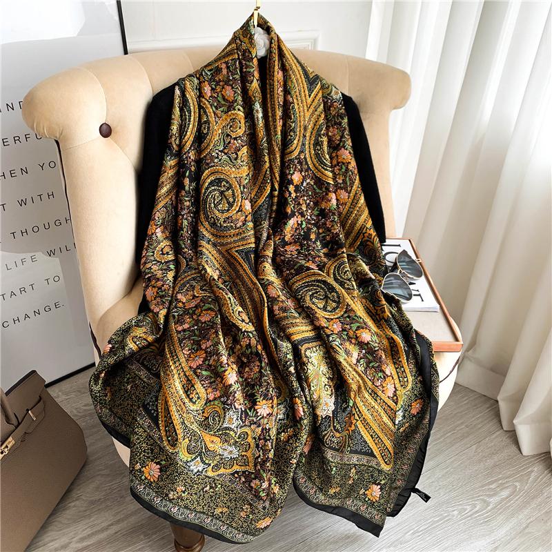 Big Size Women Scarf Spring Silk Hijabs Floral Print Shawls and Wraps Ladies Pashmina Bandana Foulard Soie Scarves