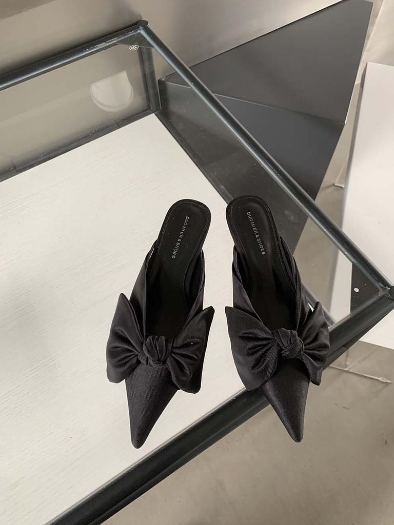 Модные женские тапочки с острым носком, летние уличные туфли-мюли, туфли на низком каблуке с бантом, черные, розовые, бежевые, хаки, повседневные туфли-мюли, мокасины 35-39