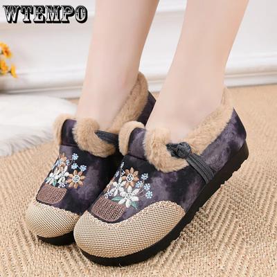 Большие размеры, повседневные однотонные туфли с вышивкой, женские осенне-зимние теплые, морозостойкие плюшевые туфли без застежек