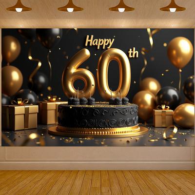 Блестящий баннер с надписью «С 60-летием!», чёрно-золотые шары, украшение для фона на день рождения, реквизит для фотосъёмки