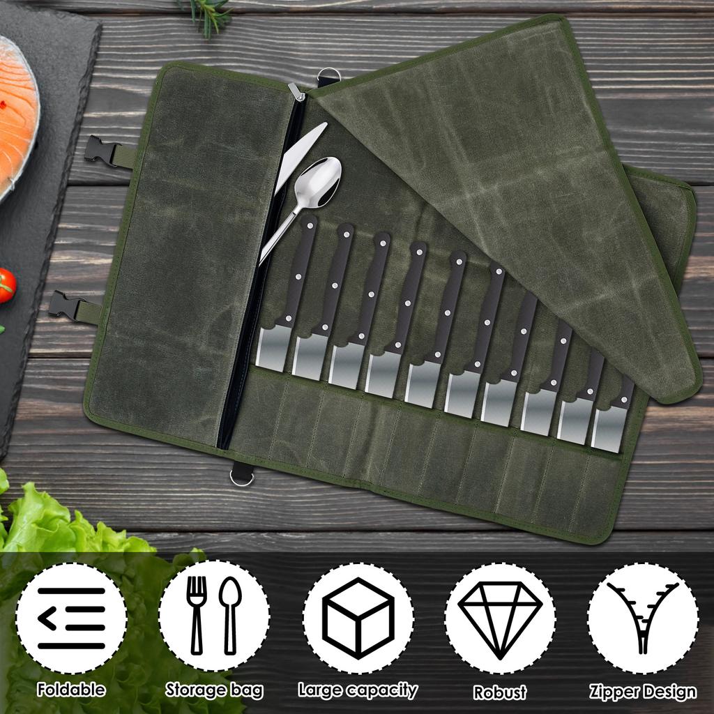 10 Slots Knife Roll Bag Waterproof Canvas Chef Knife Bag with Zipper Pocket Portable Durable Storage Pockets for Cutting Tools