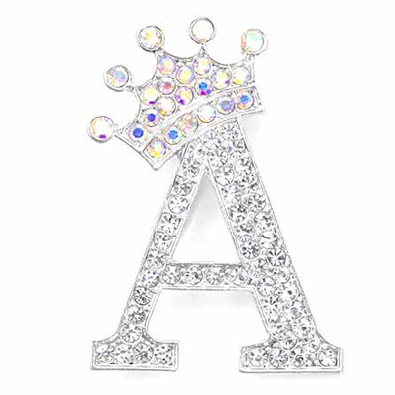 Fashion Crown 26 Initial Letters A To Z Crystal Rhinestone Brooch Pins Women