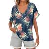 Womens Short Sleeve V-Neck Shirts Floral Print Loose Casual Basic Tees Summer Tops