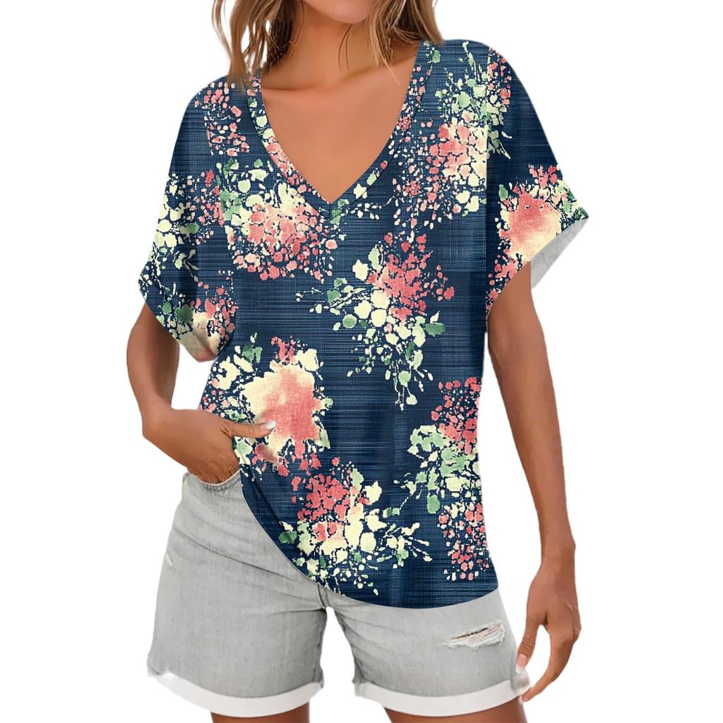 Womens Short Sleeve V-Neck Shirts Floral Print Loose Casual Basic Tees Summer Tops