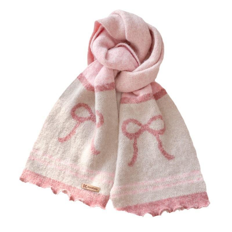 Soft Knitted Bow Scarf Women Winter Warm Wool Blend Neck Wrap With Fringe Trim Student Style