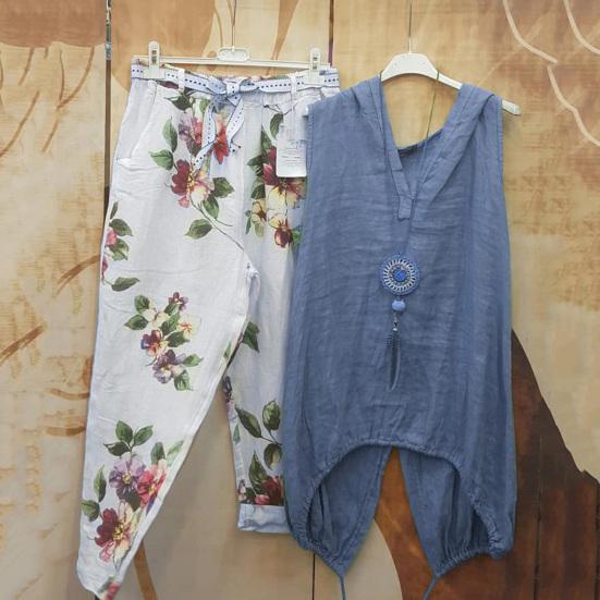 2 Pcs/Set Women Tops Pants Set Solid Color Top Deep V Neck Casual Sleeveless Floral Pattern Women Blouse Trousers Set Daily Clothes