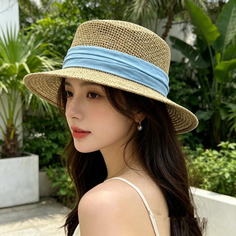 Small fresh flat top sunscreen top hat summer beach sun hat Internet celebrity candy color wide webbing imitation salted grass