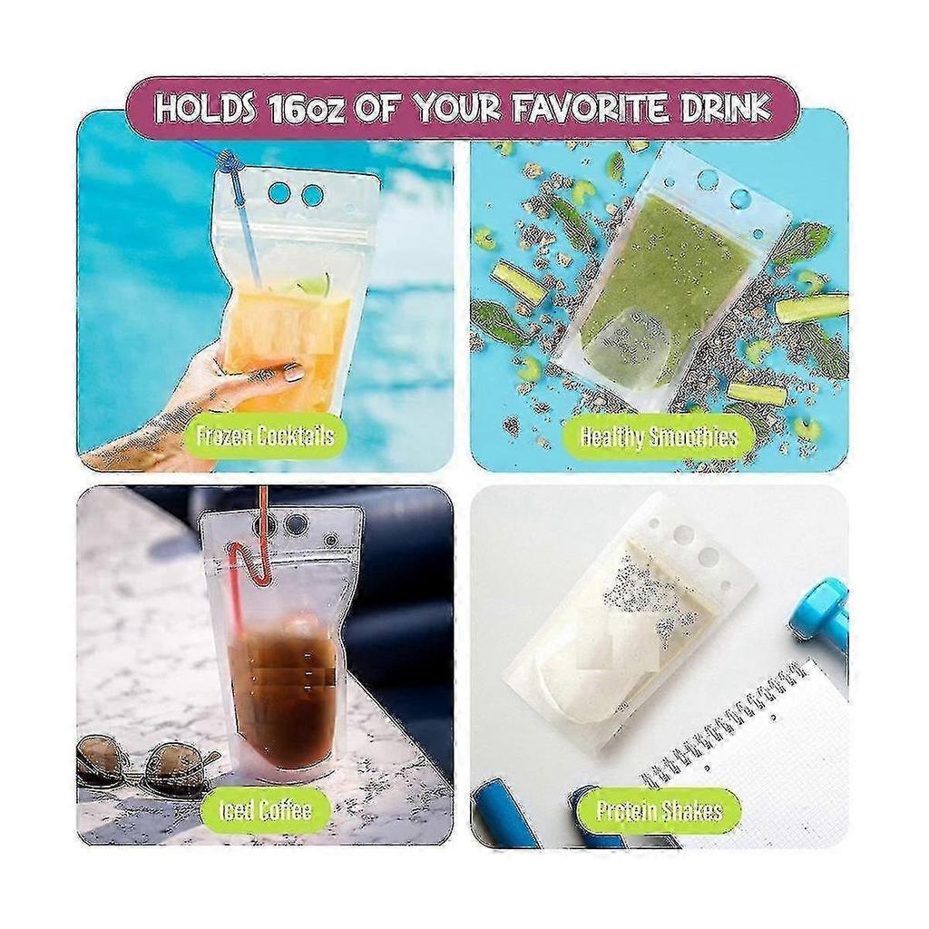 100pcs 16oz Travel Drink Pouches - Resealable Straw Included Hydration Bags