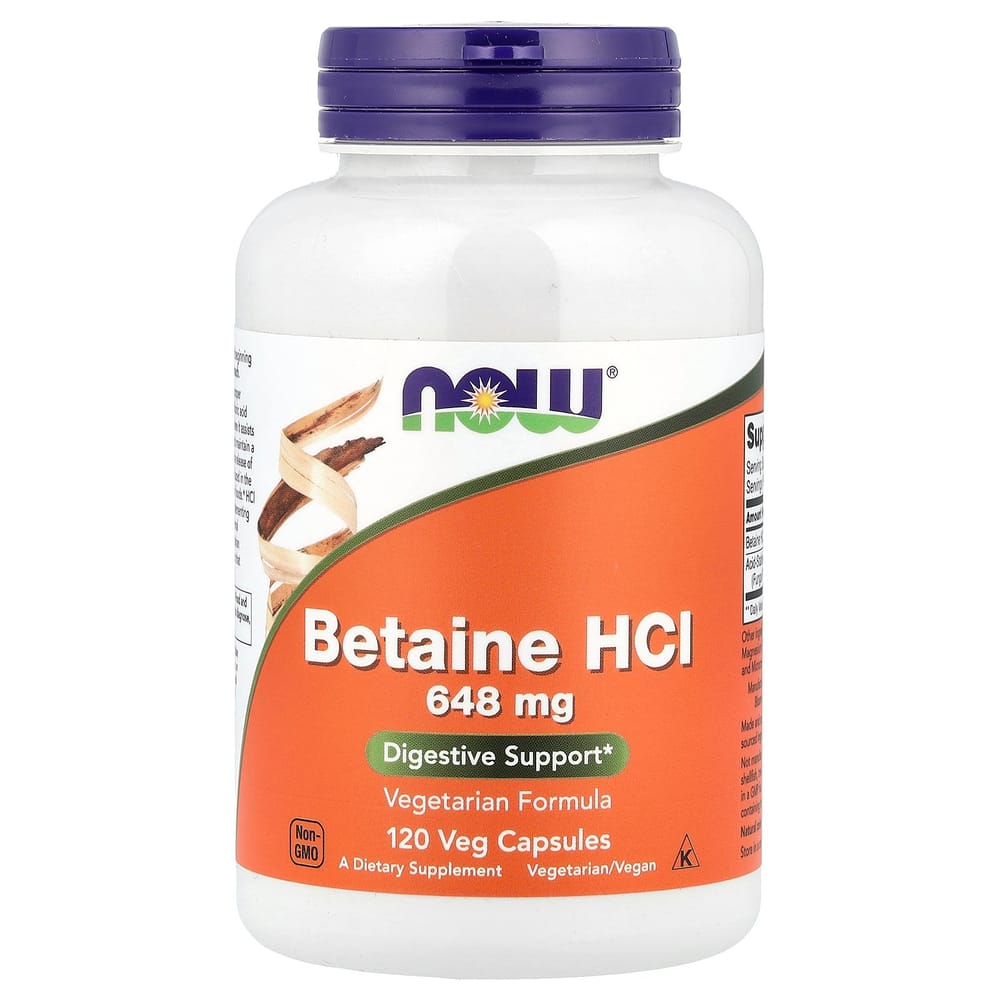 NOW Foods Betaine HCl 648mg Veggie Capsules, 120 Count