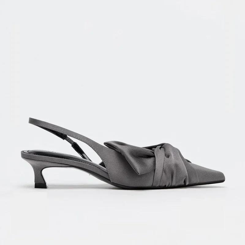 Элегантные Серые Туфли-лодочки на Низком Каблуке с Ремешком-слингбэк Женские Сексуальные Туфли с Острым Носком и Атласным Узлом на Каблуке Официальные Дизайнерские Туфли