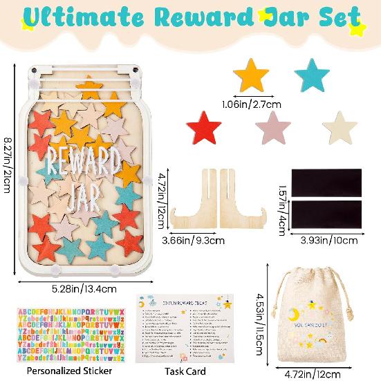 Magnetic Star Reward Jar for Kids, Personalized Reward System for Behavior Management at School Classroom Home Wooden Boho Potty Training Jar for