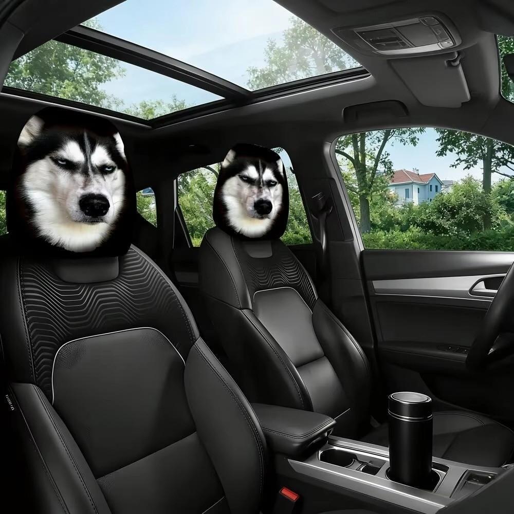 2Pcs Funny Skeptical Face Car Seat Headrest Protector Husky Headrest Covers Vehicle Seat Accessory