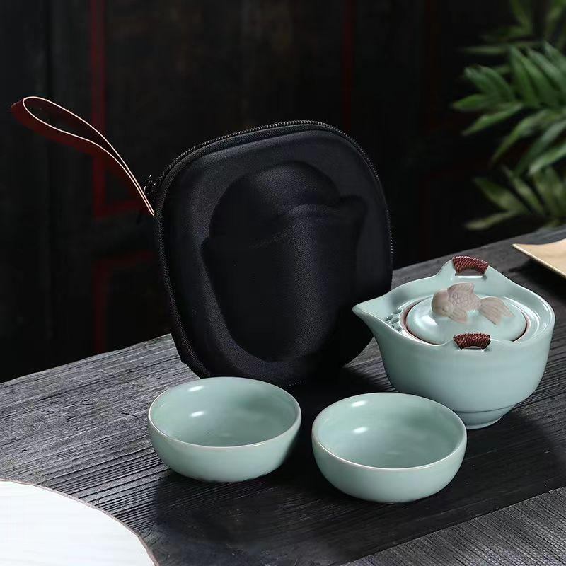 Портативный керамический дорожный чайный сервиз Ge Kiln, 1 чайник, 2 чашки, автомобильный чайный сервиз, гайвань, чашки и кружки, исинский чайник, симпатичный горшок для чашки