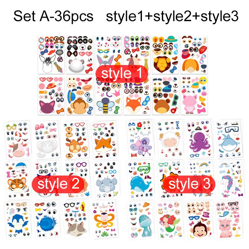 36/48pcs Children Face Changing Sticker Toy Cartoon Animal Stickers Reusable Waterproof Parent Child Interactive Toys TMZ