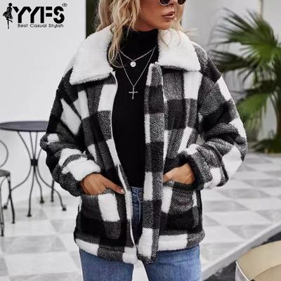 Женская мода, повседневные клетчатые принты, осенне-зимние куртки и пальто-поло с длинными рукавами и воротником