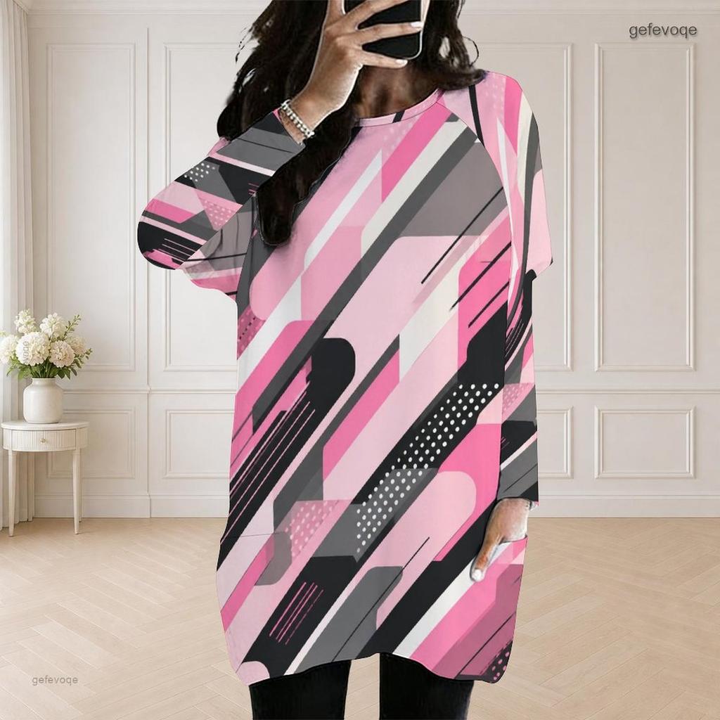 Women Plus Size Round Neck Long Sleeve Pink Black Geometric Printed Loose Longline Top With Pockets