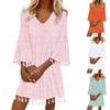 Women's Fashion Solid Colour V-Neck Mid Sleeve Loose Casual Tassel Dresses