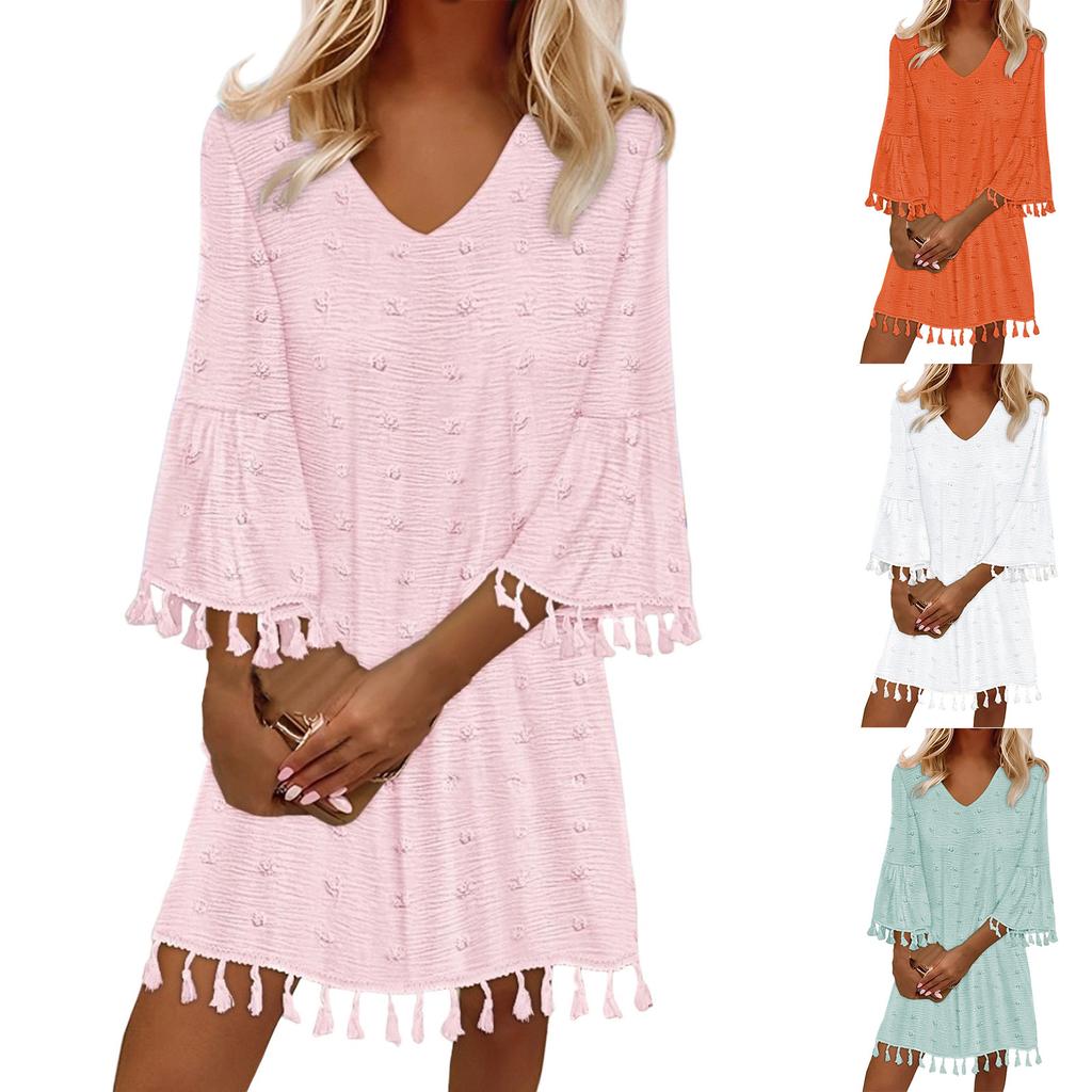 Women's Fashion Solid Colour V-Neck Mid Sleeve Loose Casual Tassel Dresses