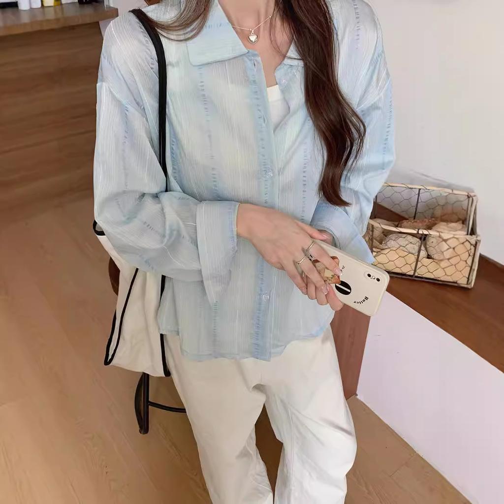 Blue striped shirt jacket for women, spring, autumn, and winter, designed niche lazy style, French long-sleeve top