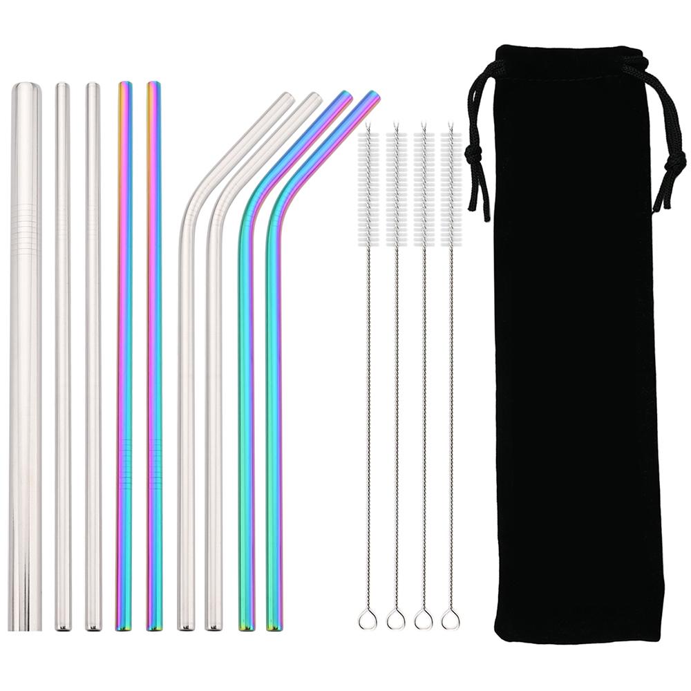 Многоразовые соломинки для питья, разноцветные металлические трубочки из нержавеющей стали, прямая изогнутая соломинка с чистящей щеткой, посуда для напитков, аксессуар для барной вечеринки