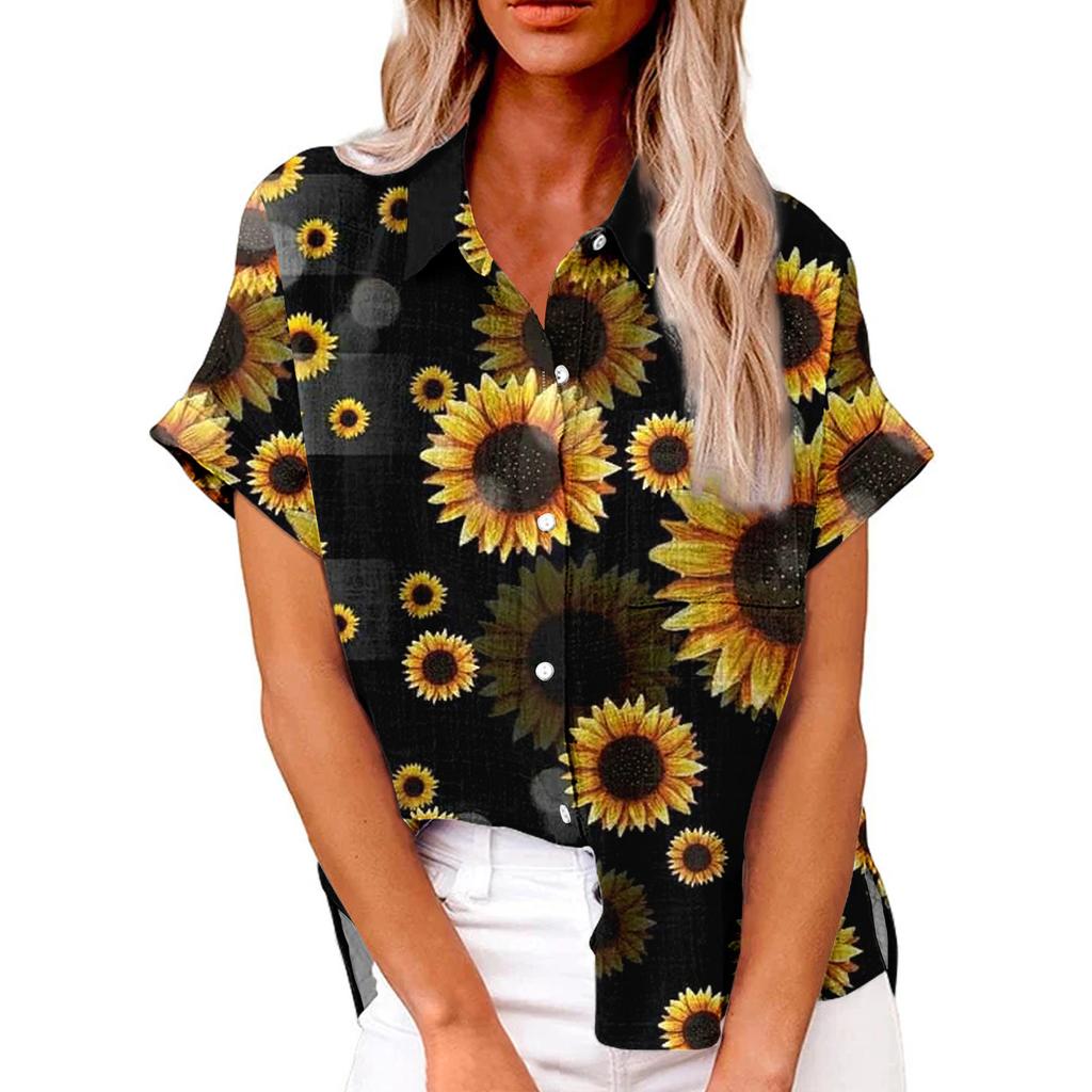 Женская модная свободная повседневная рубашка с коротким рукавом и отворотом на пуговицах, футболка с принтом, топ