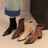 Winter Women Pointed Toe Ankle Boots Fashion Thick Heel Shoes Concise Leopard Print Short Botas De Mujer