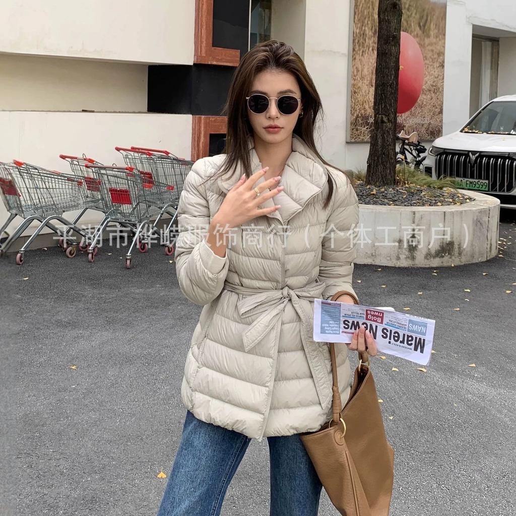 New lady winter clothing slim-fitting waist stand-up collar light down jacket women's medium and long white duck down