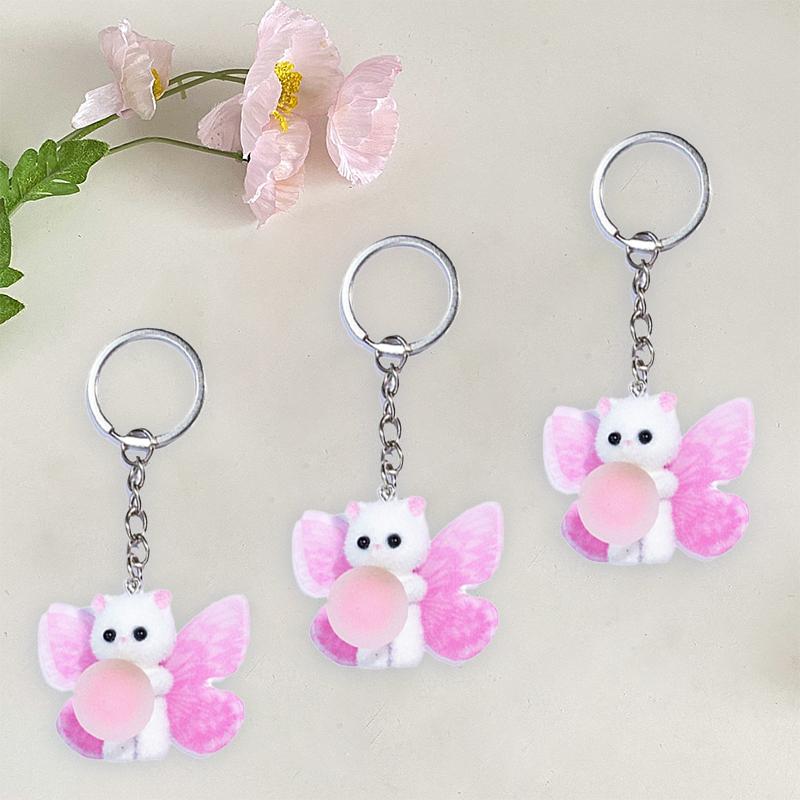 Брелок для ключей с изображением котика, милые розовые крылья бабочки, подвеска в виде кошки для женщин, рюкзаки, автомобильные подвески, аксессуары для брелоков в виде животных