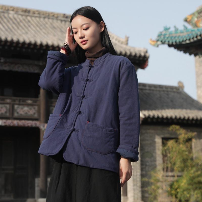 Зимний новый хлопок и лен ретро свободный воротник-стойка китайская застежка ручная работа теплый топ женская короткая хлопковая одежда