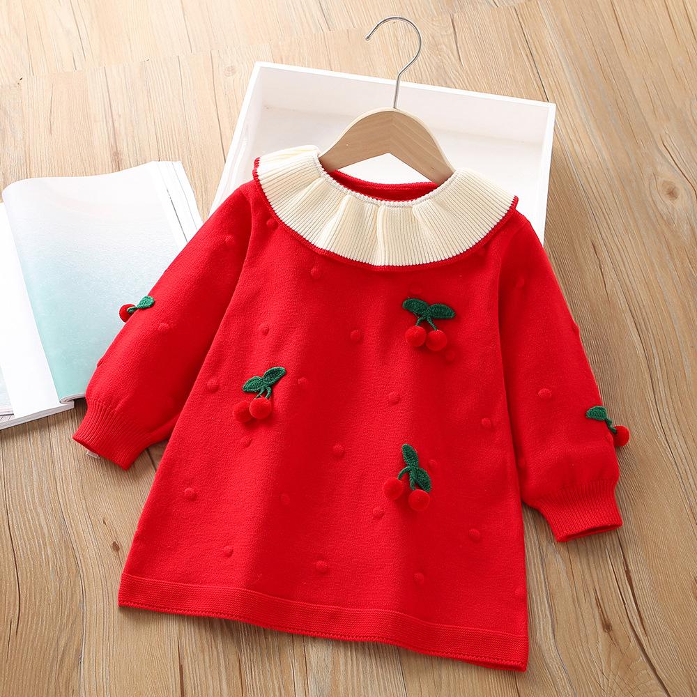 Girls' Knitted Cherry Dress – Long Sleeve Warm Sweater Dress with Ruffled Collar