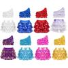 Girls Shiny Sequins Dance Outfit Sleeveless Metallic One Shoulder Crop Top Elastic Waistband Skirted Shorts