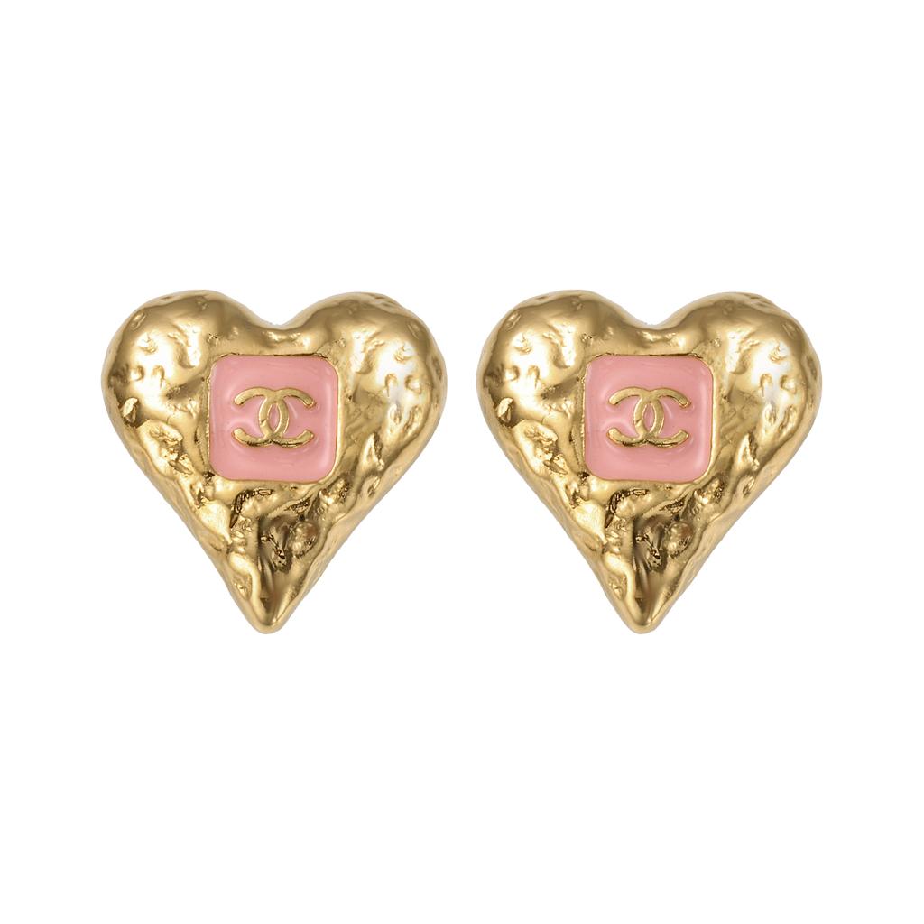 Chanel Metallic Pink Heart Lava Pleated Enamel Earrings Small Women earrings ABC252-B14727-NS731