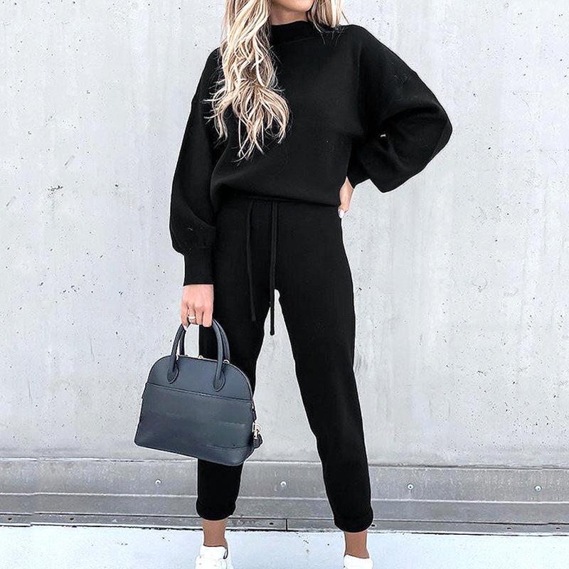 2021 Winter Women's High Neck Casual Loose Solid Hoodie & Trousers Two-Piece Set