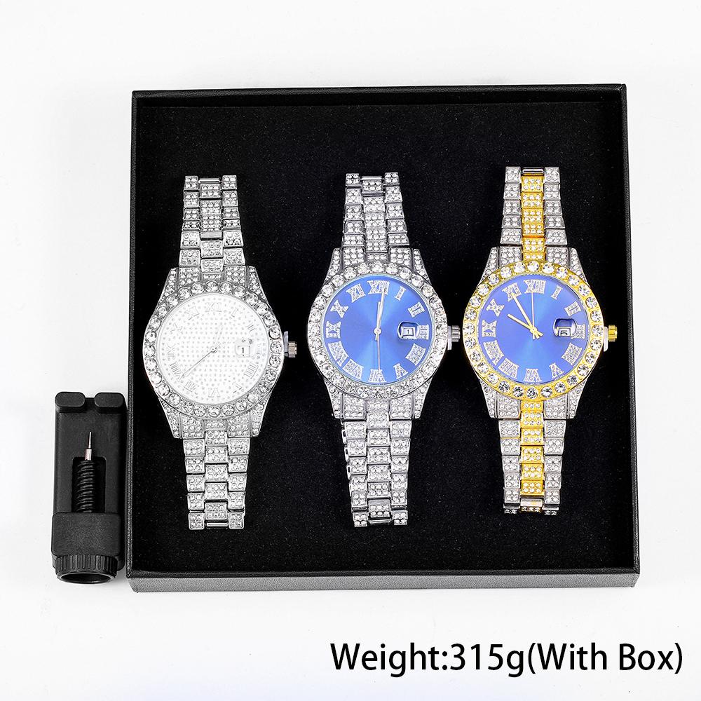 Luxury Iced‑Out Mens Wrist Watch, Bling CZ Crystal Diamond Quartz Watch, Roman Numerals Dial Date Window Hip Hop Jewelry Watch,