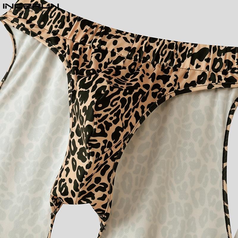 INCERUN Men Elastic Waist Briefs Cutout Leopard Party Club Long Pants Trousers