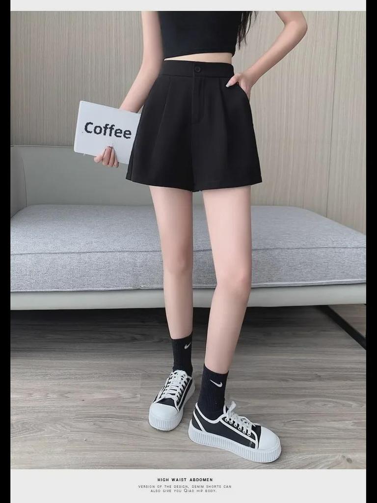 Женские черные эластичные повседневные летние шорты с высокой талией 2024 года — свободный крой, тонкие, широкие штанины