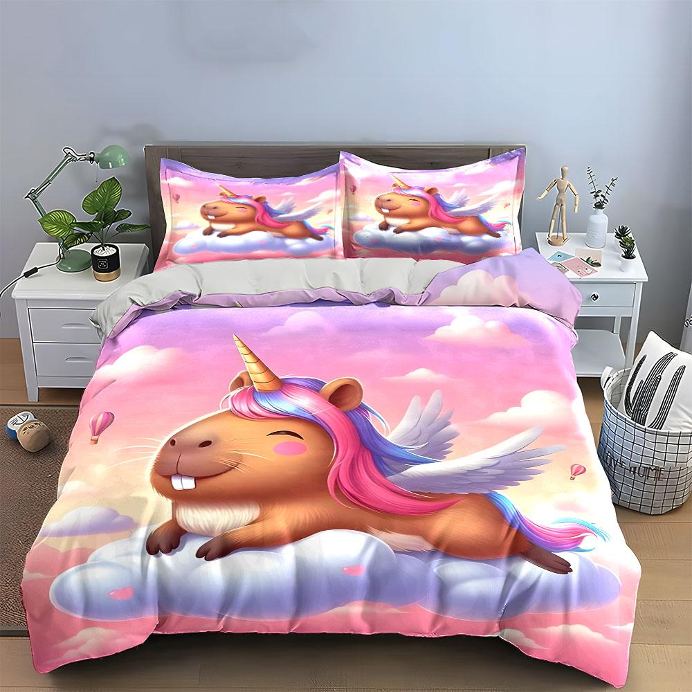 Winged Unicorn Capybara Art Bedding Duvet Cover Set  (1*Duvet Cover 2*Pillowcases, without duvet insert)