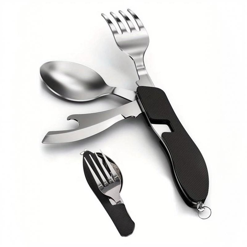 Corrosion Resistant Portable Folding Stainless Steel Cutlery Set Fork Spoon Knife Bottle Opener for Picnic Travel Daily Use