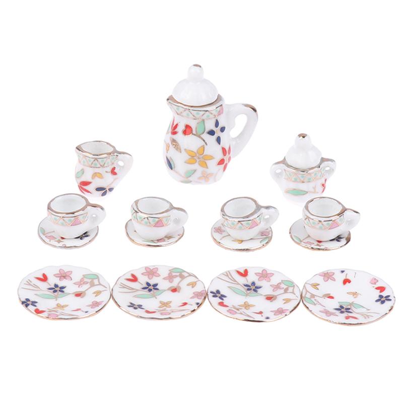 1Комплект 1:12 миниатюрных керамических чайных сервизов для кукольного домика, чашка, чайник, поднос, цветы, столовые приборы, кухонный декор, игрушечные аксессуары для кукольного домика