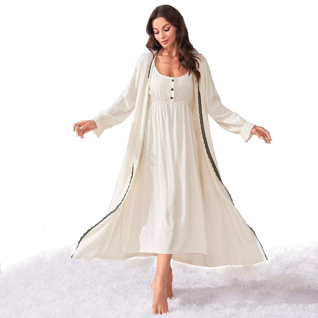 Женская ночная рубашка, комплект из 2 предметов, пижама, ночная рубашка на бретельках, кружевная отделка, халат с длинными рукавами, домашний повседневный халат после купания, одежда для сна