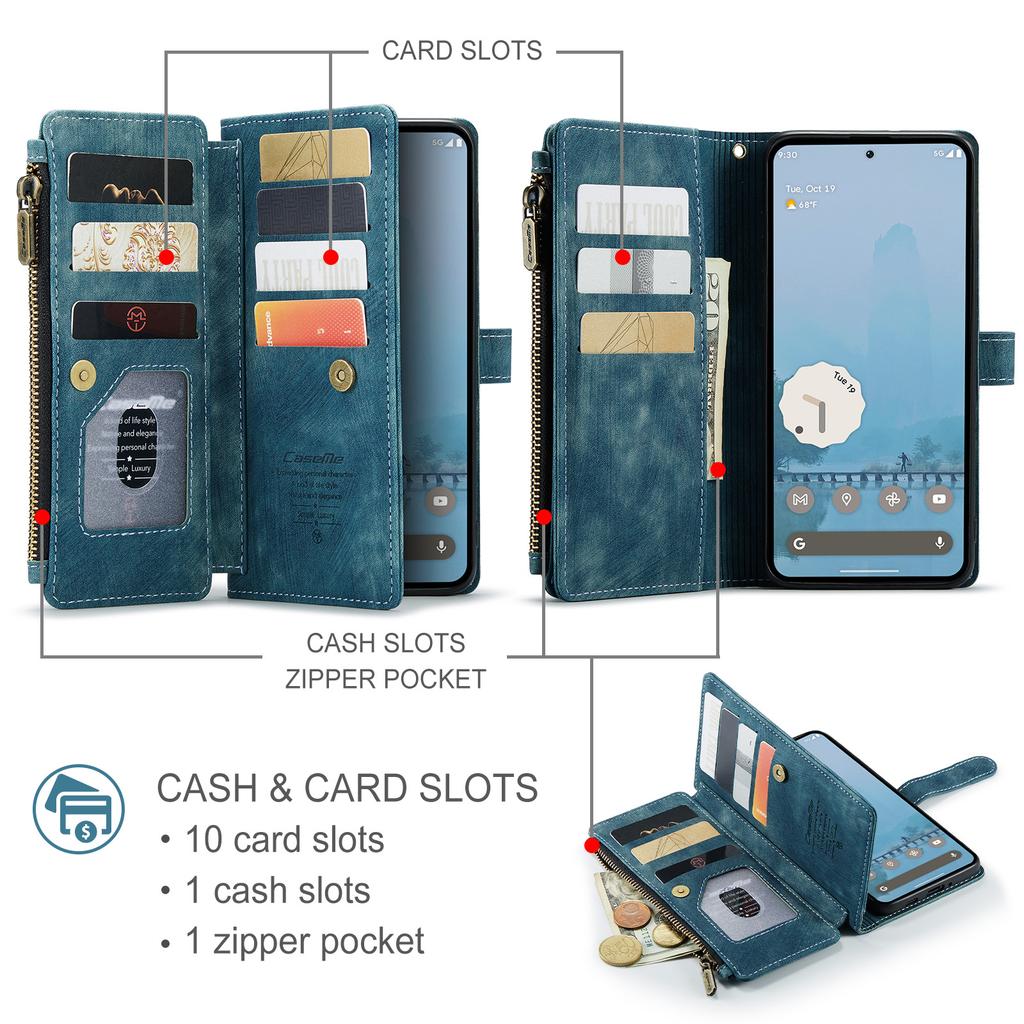 Для чехлов для телефонов Google Pixel 10 Pro XL с ремешком CASEME C30 на молнии с несколькими отделениями для карт, чехол из ПУ кожи