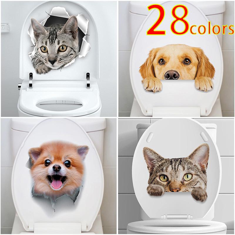 Cute Animal Wall Decals Creative Dog and Cat Cartoon Stickers for Waterproof Bathroom Toilet Seat