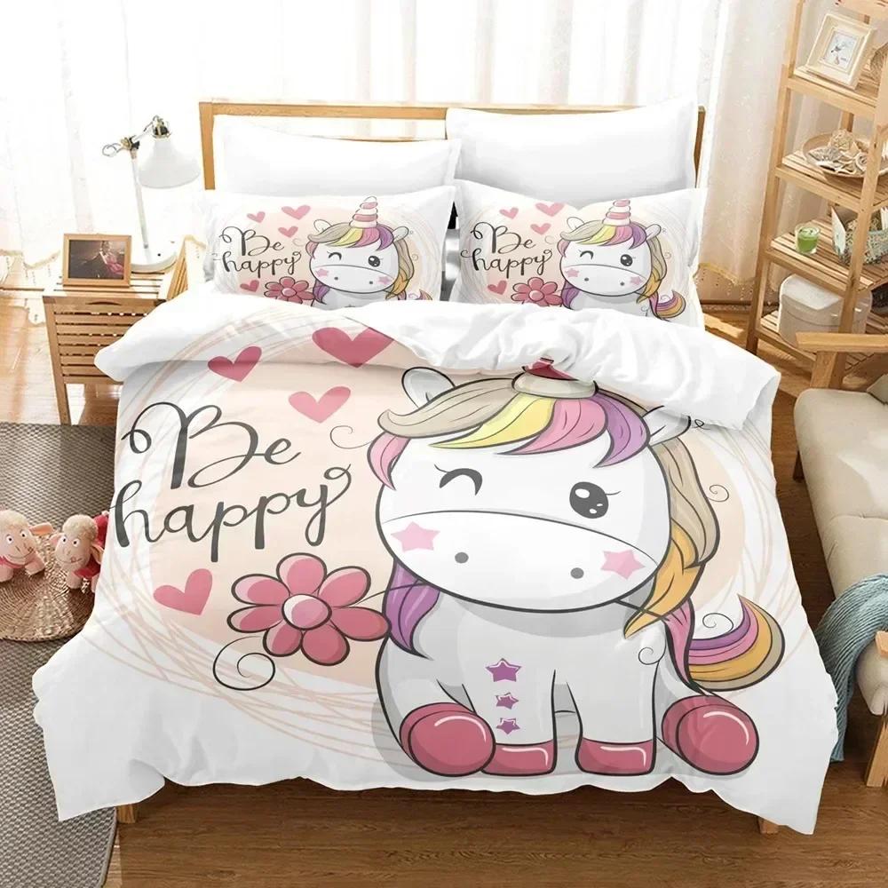 Комплект постельного белья с рисунком единорога из мультфильма King Queen Size, милый розовый, синий, сказочные животные, комплект постельного белья из полиэстера для девочек и детей