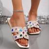 Fashion Women Slippers Summer Casual Home Shoes Fashionable Versatile Sandals Rhinestone Flat Slippers Slides Women Zapatos De Mujer